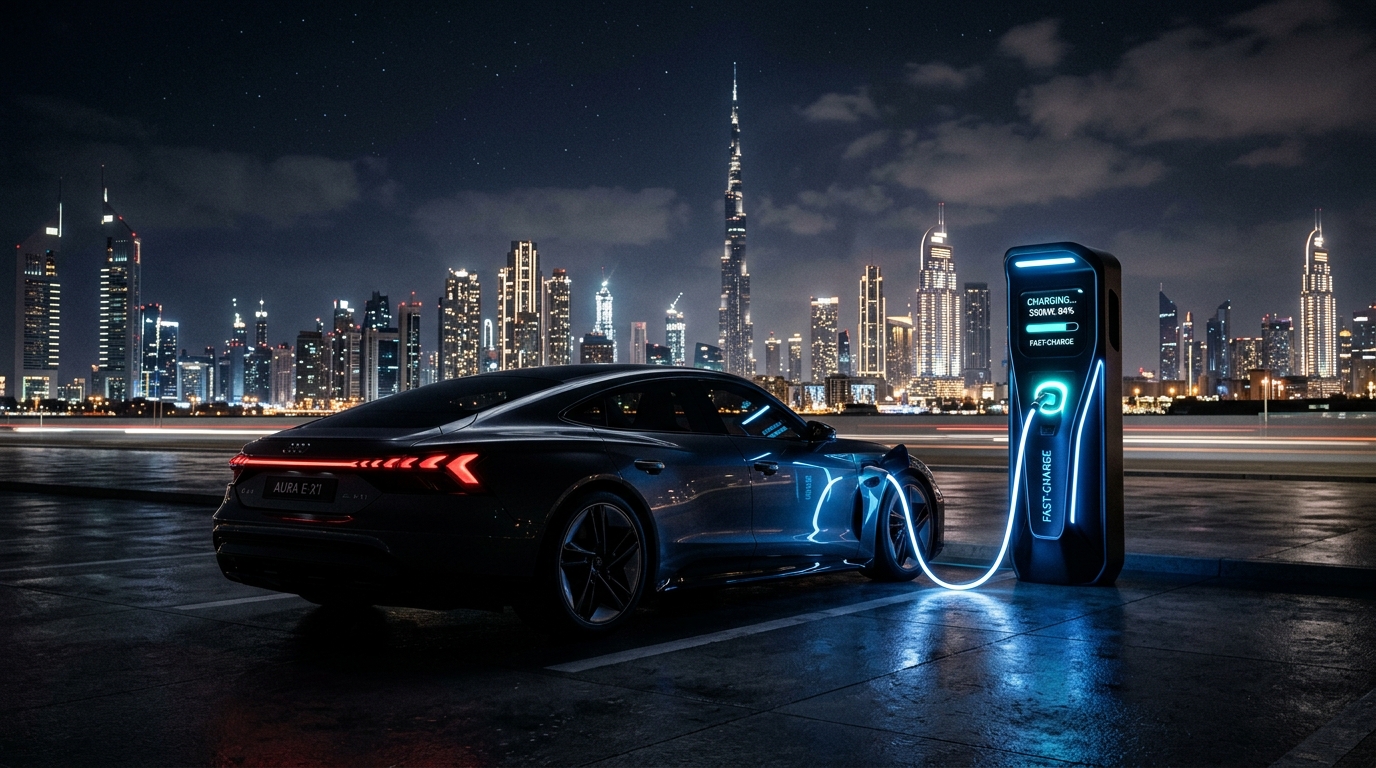 Charging electric vehicle at DEWA green station Dubai