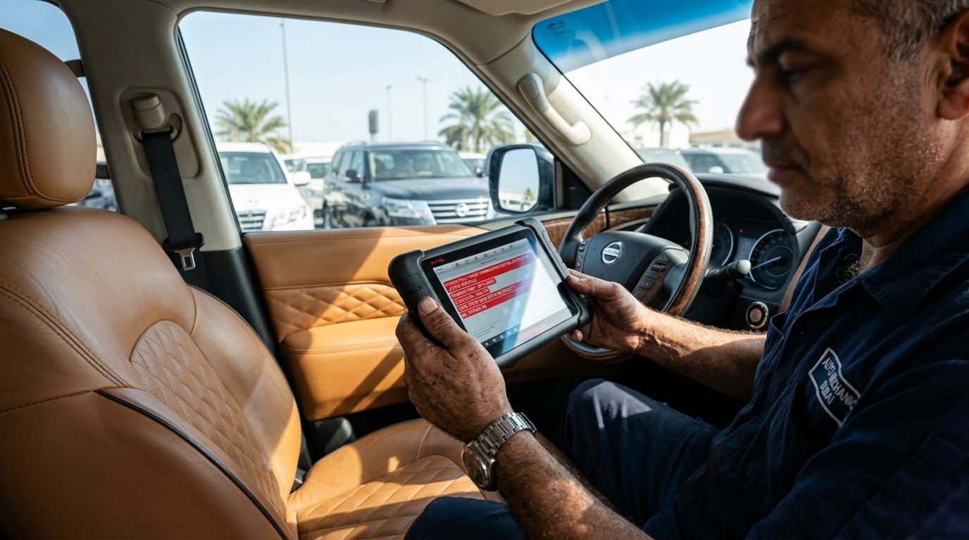 A mechanic inspecting a Used Nissan Patrol Platinum gearbox with an OBD scanner in Dubai.