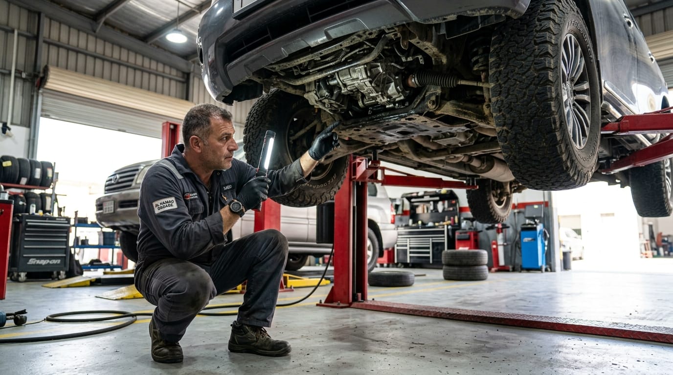 A mechanic inspecting the transmission of a lifted Nissan Patrol Y62 in a UAE garage.