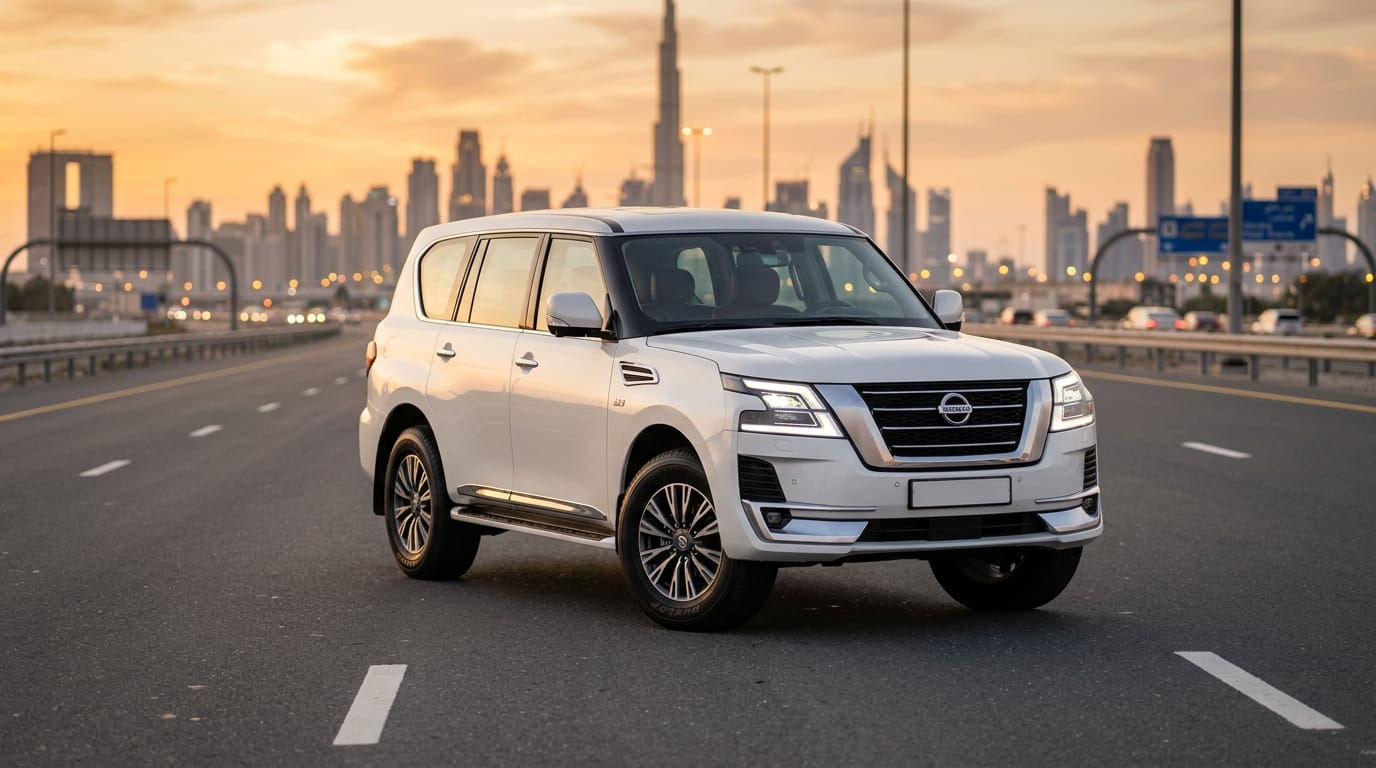 A white Used Nissan Patrol Platinum UAE parked on a Dubai highway at golden hour