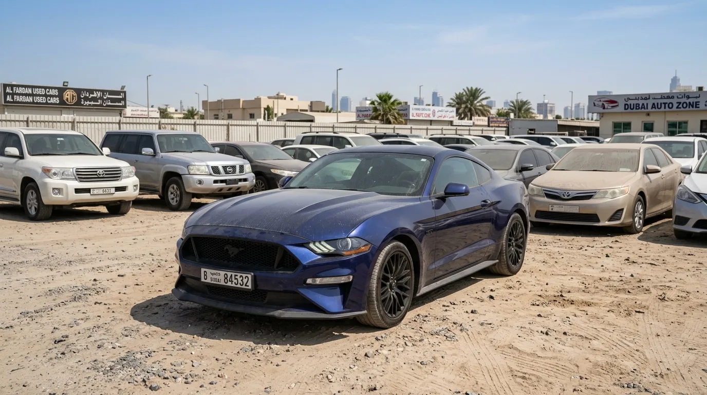 Dark blue US-spec Ford Mustang parked in a UAE used car lot in Al Aweer market, Dubai, showing right-hand side exterior with desert surroundings in background