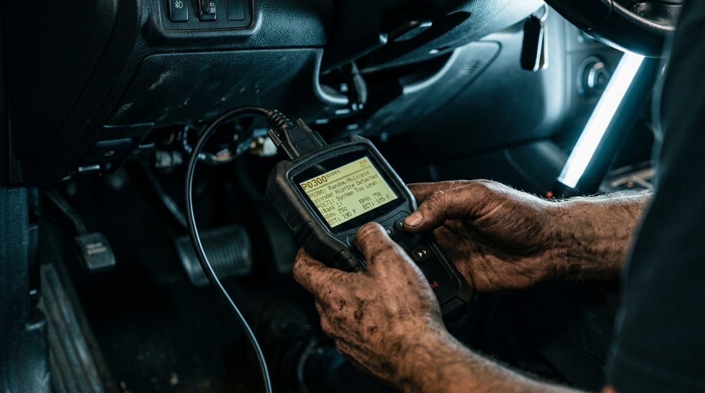  Male hand pointing to a stamped service booklet open on a car dashboard inside a Dubai showroom