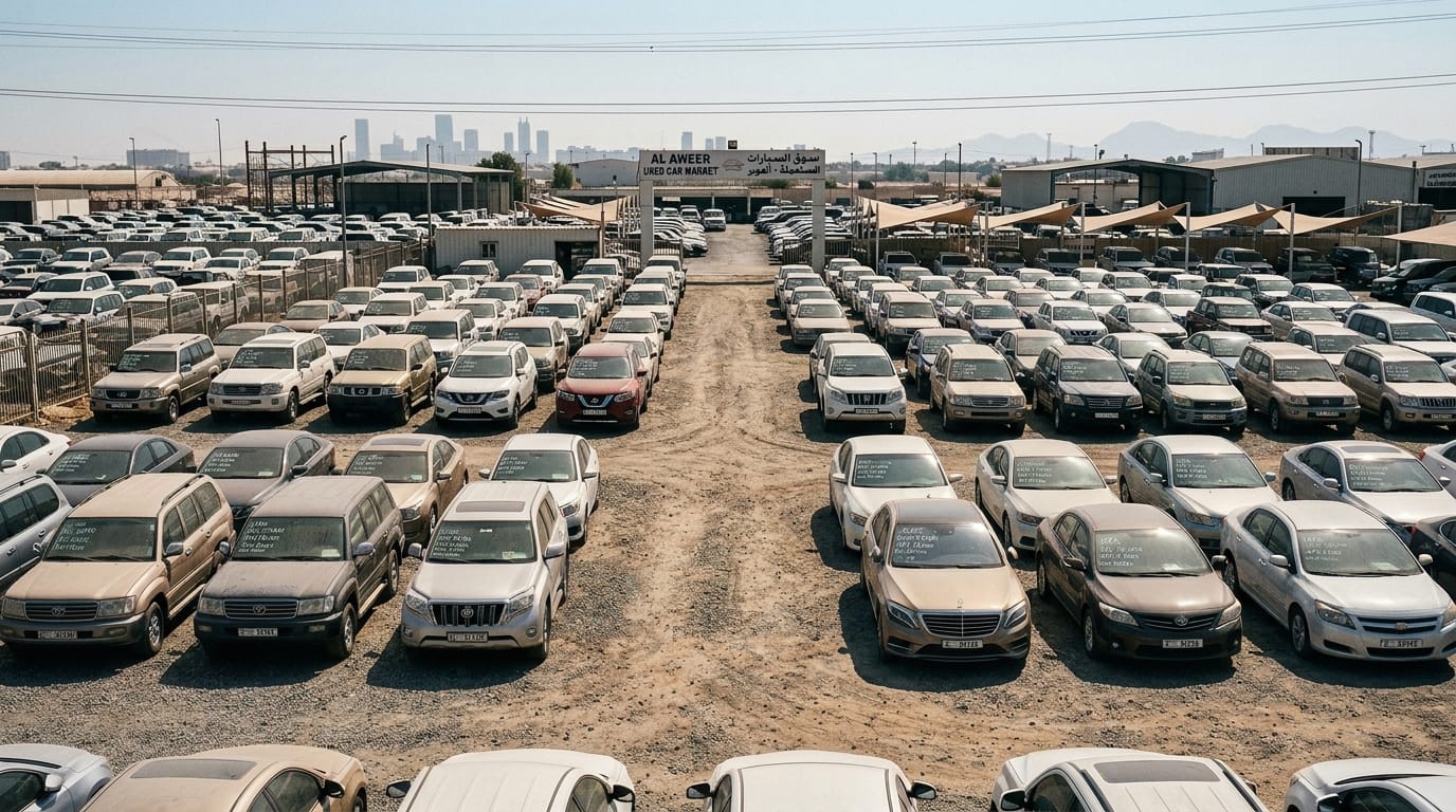 Busy used car showroom in Al Aweer Dubai with rows of vehicles and AED price signs, UAE 2026