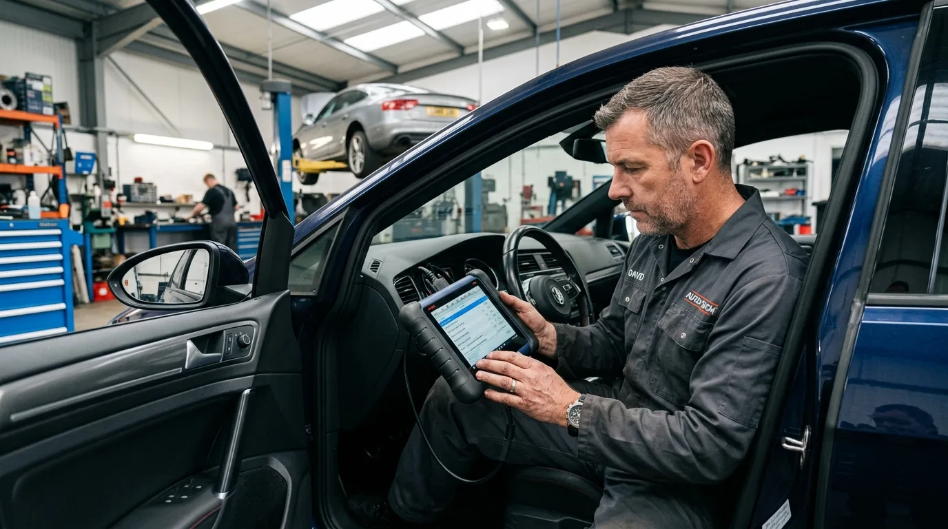 Male mechanic in his 40s holding a professional OBD diagnostic scanner connected to a car dashboard port inside a clean UAE garage workshop, reviewing data on the scanner screen during a pre-purchase inspection