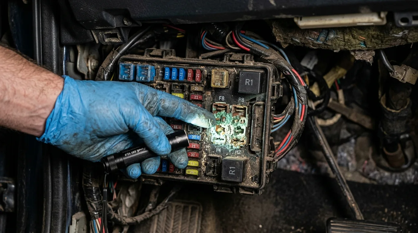 Close-up of a car fuse box under dashboard showing green and white oxidation corrosion on electrical terminals, inside a UAE garage workshop during pre-purchase inspection