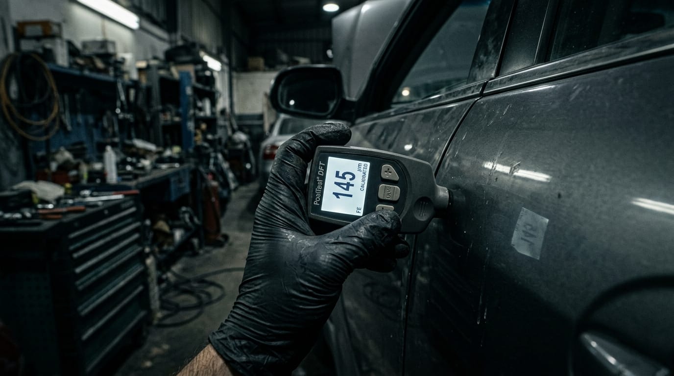  Professional paint thickness gauge pressed against a car door panel in a UAE garage showing digital reading