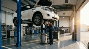 White Nissan Patrol Y62 lifted for transmission repair and inspection in an Al Aweer garage.