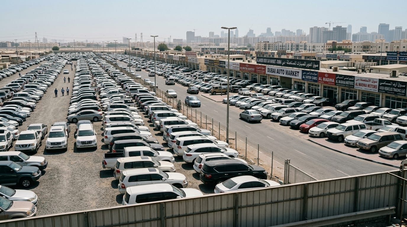 Aerial view of Al Aweer used car market Dubai showing rows of vehicles in an outdoor lot under clear UAE sky with showroom buildings along the main road