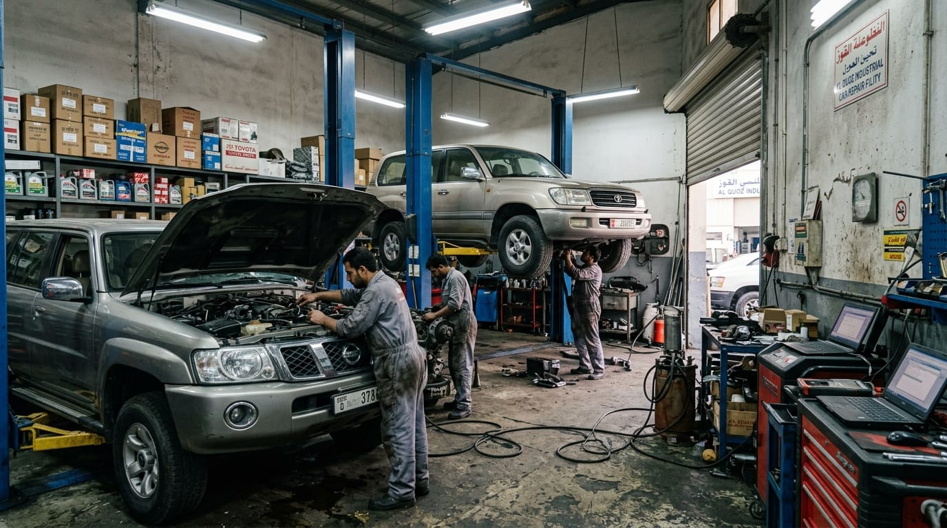 A busy Al Quoz industrial workshop with multiple vehicles on lifts, male mechanics in grey overalls working on engines, diagnostic equipment visible, concrete floor, fluorescent lighting, no people standing idle