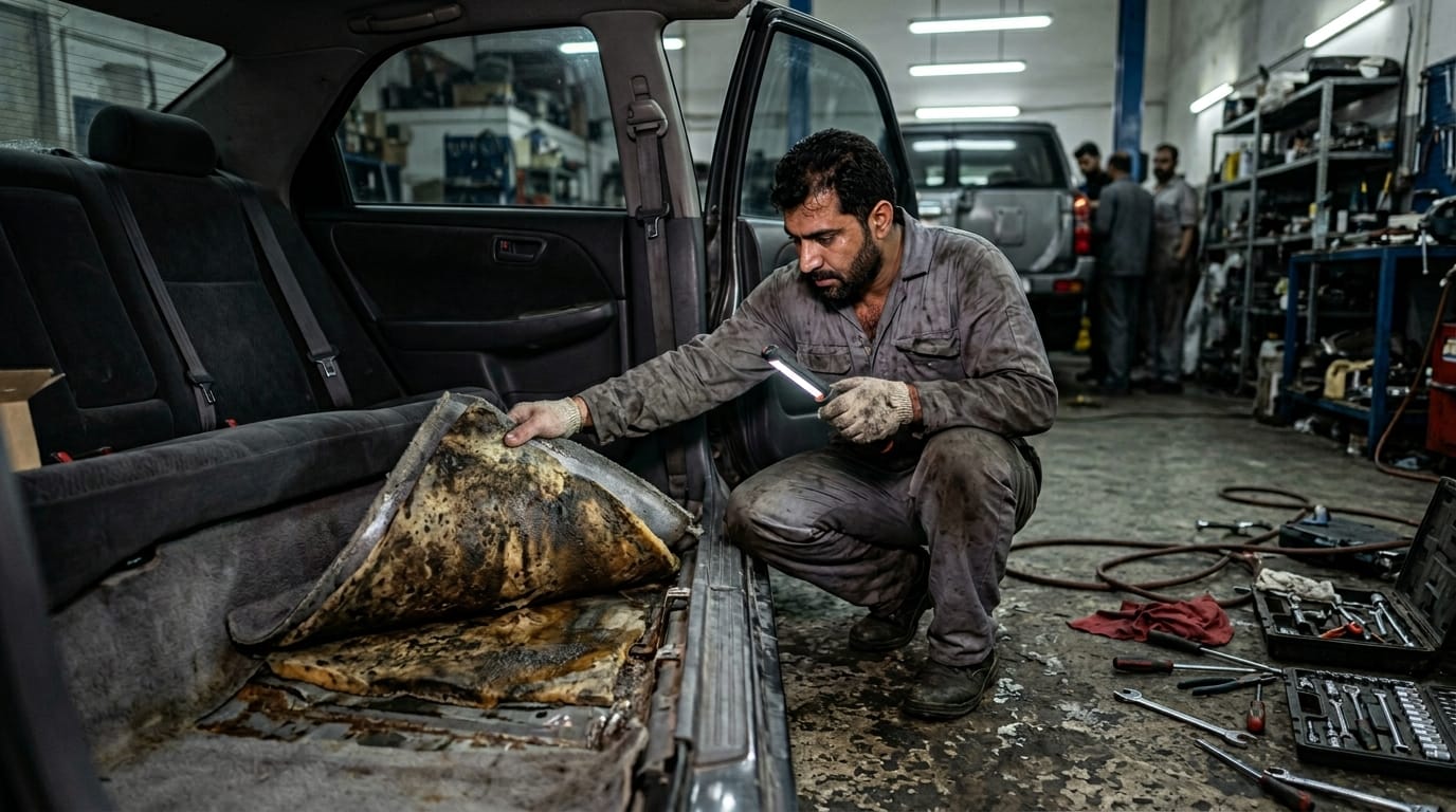 Mechanic in Al Quoz workshop lifting Toyota Camry rear carpet to inspect water damage and corrosion