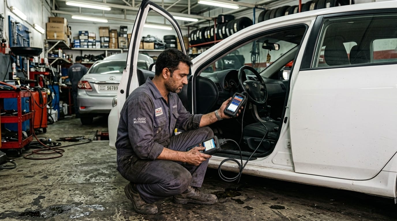 Male mechanic in Al Quoz workshop connecting OBD diagnostic scanner to used sedan with fluorescent lighting and tool trolley in background