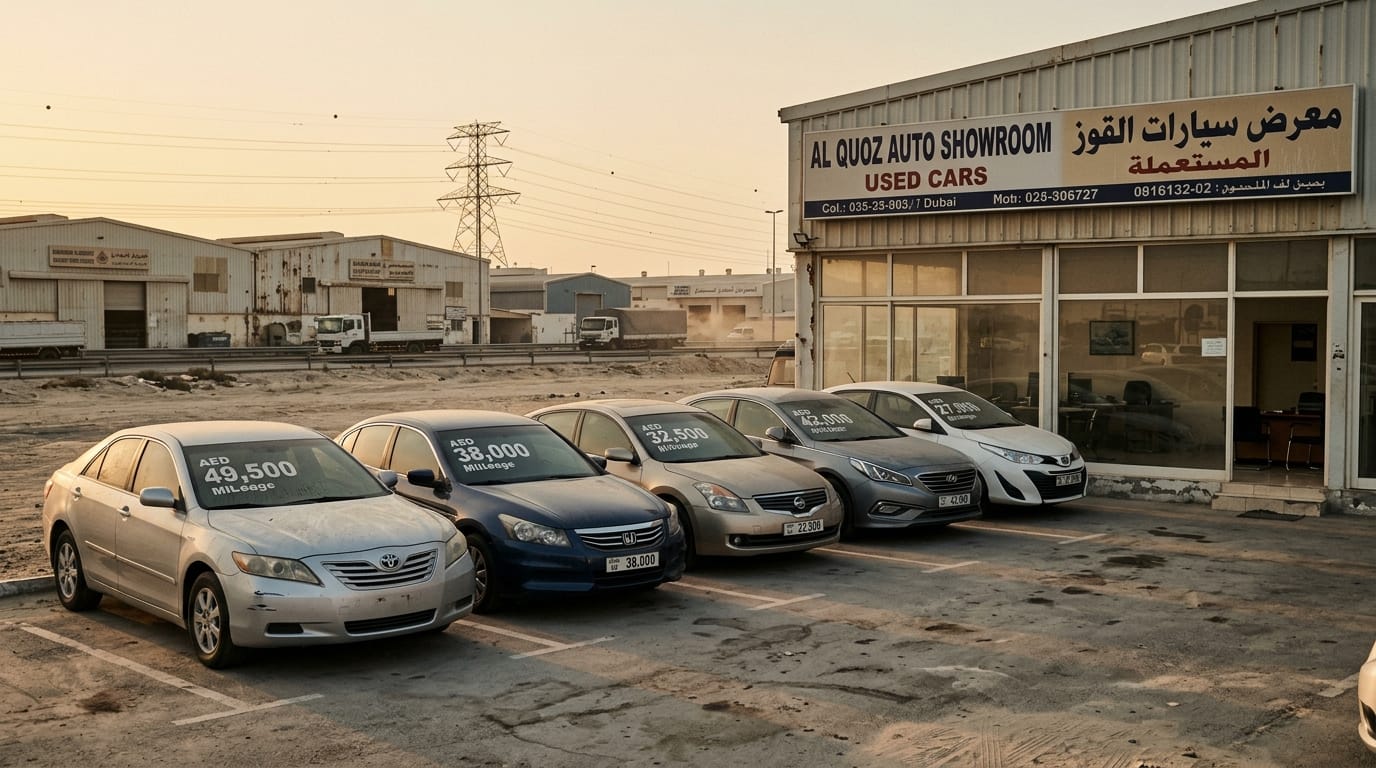 Independent used car showroom Al Quoz Industrial Area Dubai row of vehicles outside