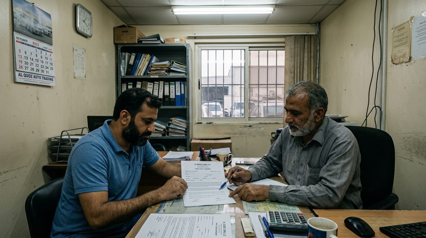 Interior of a modest used car dealership office in Al Quoz Industrial Area Dubai, two men at a desk reviewing car documents, fluorescent lighting, realistic setting