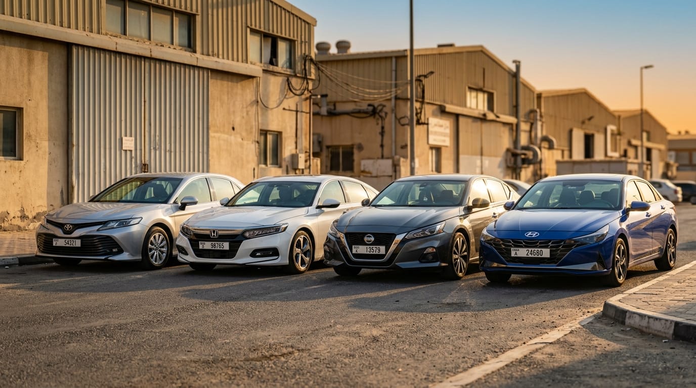 Row of well-maintained sedans parked in Al Quoz industrial area, sunlight glinting off clean windshields