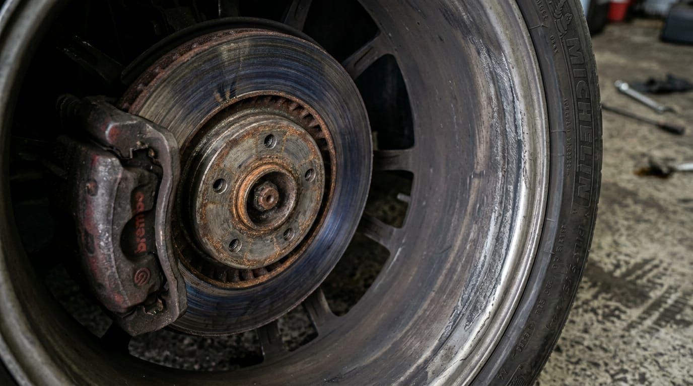 Close-up of worn brake disc and inner tyre edge showing uneven wear pattern on used commuter car wheel at UAE workshop