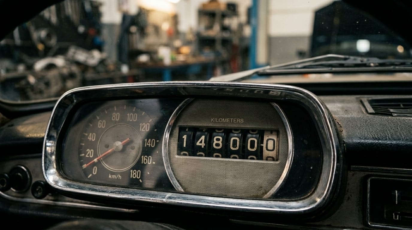 Close-up macro photography of a car odometer showing 148,000 kilometers, sunlight reflecting off the speedometer needle
