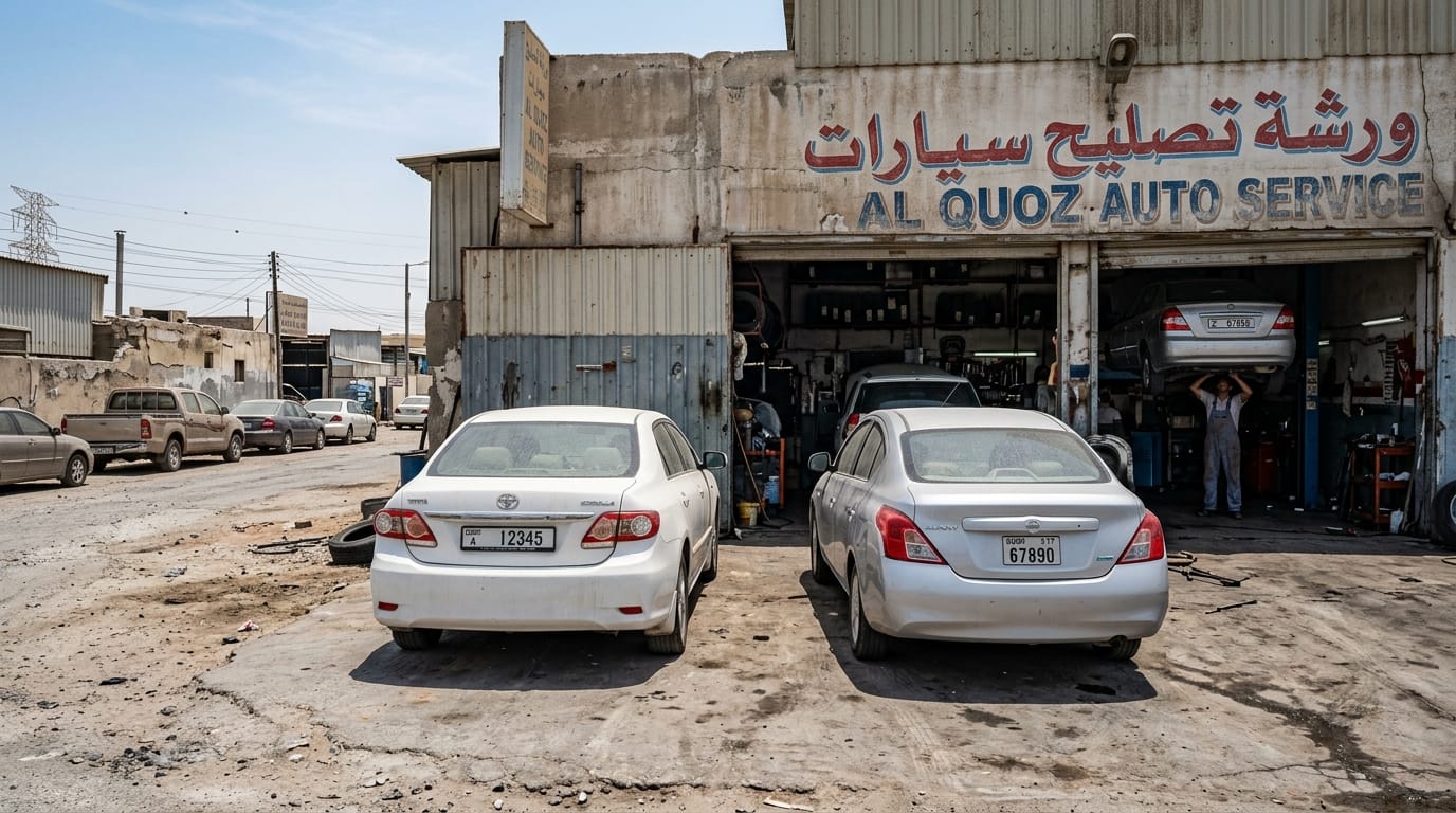 Toyota Corolla and Nissan Sunny parked side by side at an Al Quoz service center in Dubai UAE