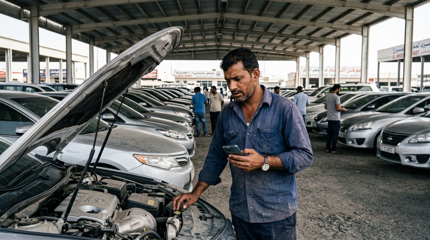 A South Asian expat male inspecting a used car in Al Aweer auto market Dubai checking vehicle history on a smartphone, dusty environment, dirty realism
