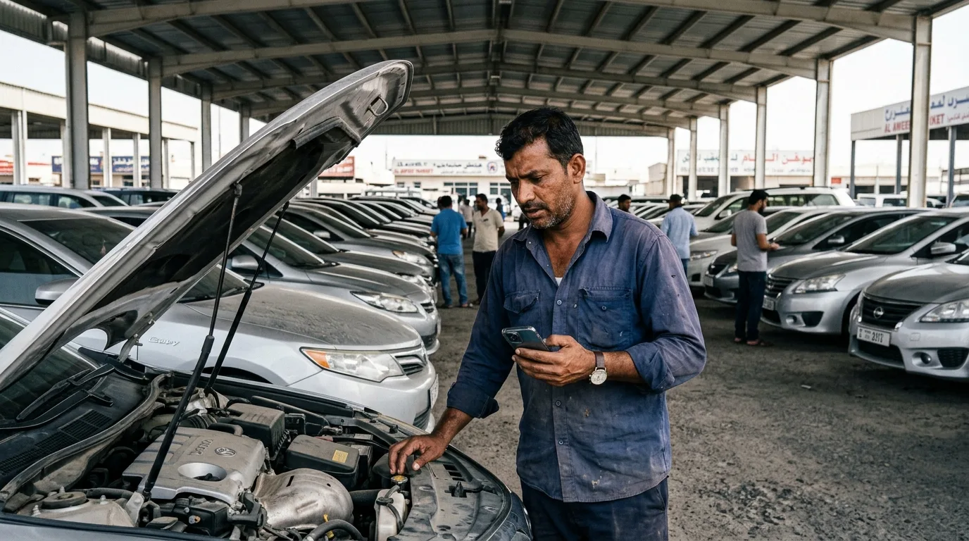 A South Asian expat male inspecting a used car in Al Aweer auto market Dubai checking vehicle history on a smartphone, dusty environment, dirty realism