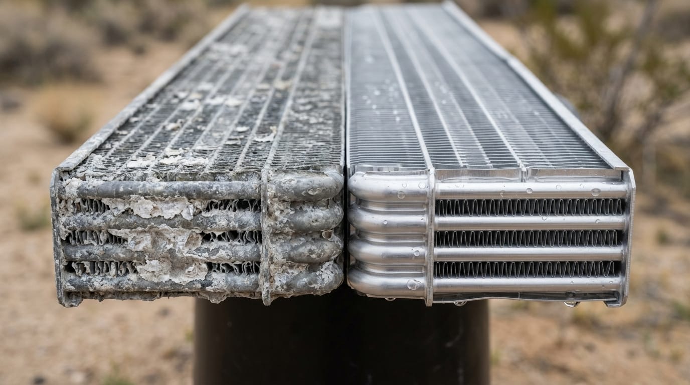 Extreme close-up of corroded versus pristine metal radiator fins showing salt damage
