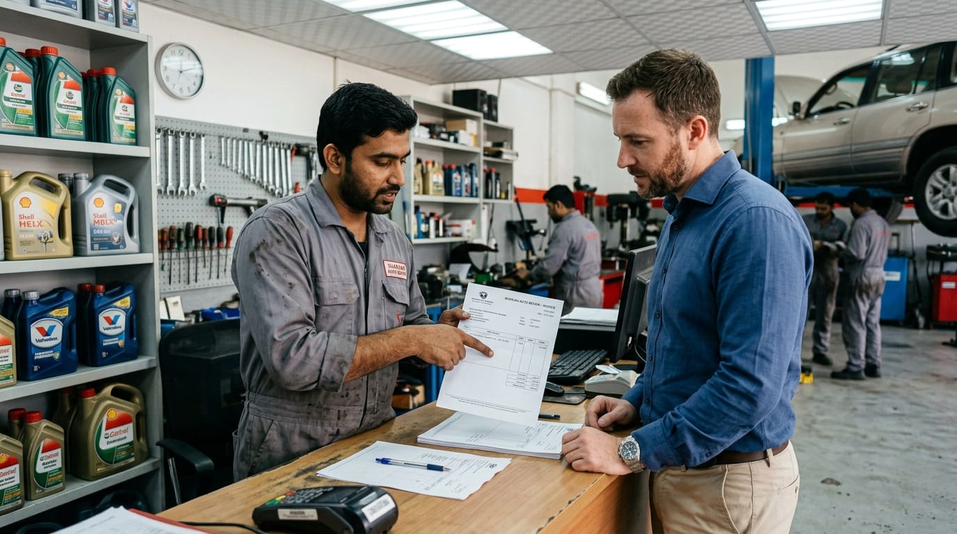 Mechanic holding a CVT transmission fluid sample next to a service invoice in a Sharjah independent workshop with transmission fluid bottles visible
