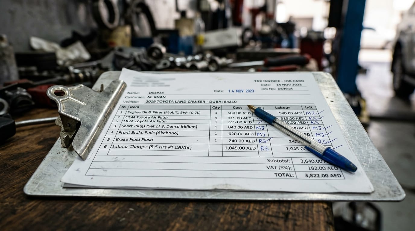 Extreme close-up macro photograph of a detailed hand-written itemized car service invoice with pen, numbers visible, mounted on a workshop clipboard with Al Quoz industrial background blurred behind