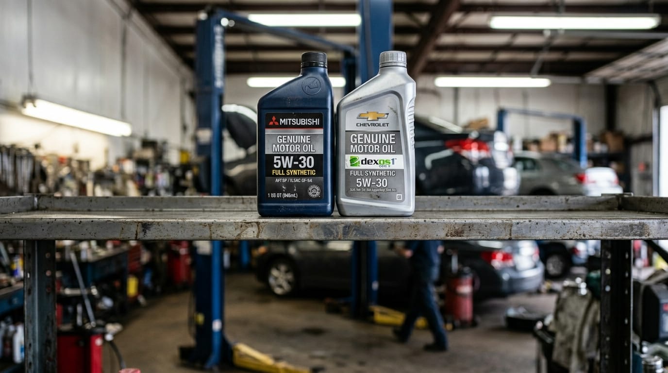 Close-up of a Chevrolet Malibu dexos1 oil specification label on an engine oil cap next to a standard Mitsubishi 5W-30 oil bottle showing the specification difference in a Dubai workshop setting