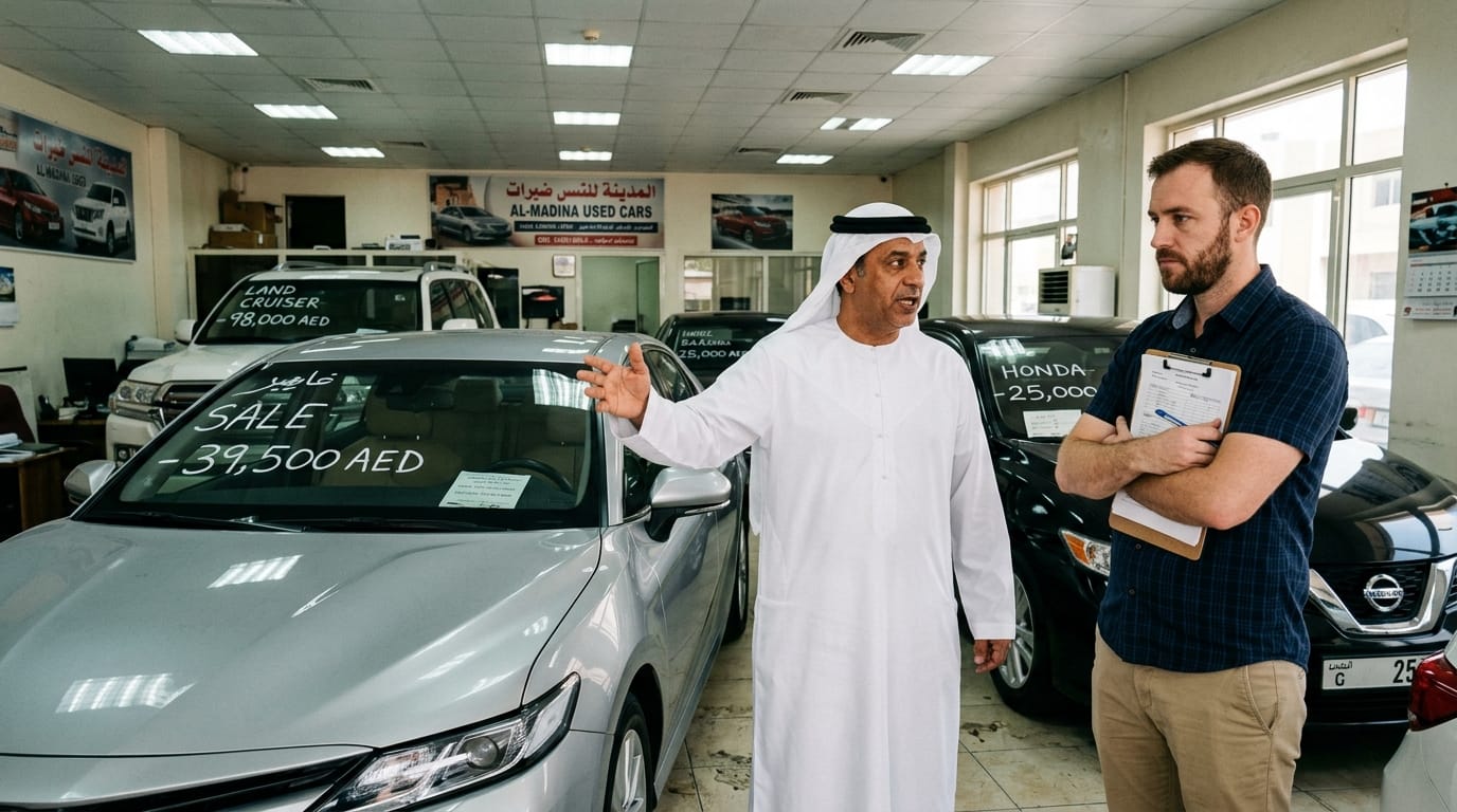 Male used car dealer in a small Dubai showroom gesturing toward a silver sedan while an expat buyer stands with arms crossed reviewing paperwork on the car hood
