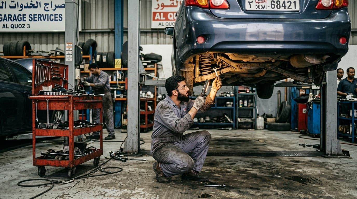 Mechanic performing an oil change inspection at an Al Quoz workshop in Dubai