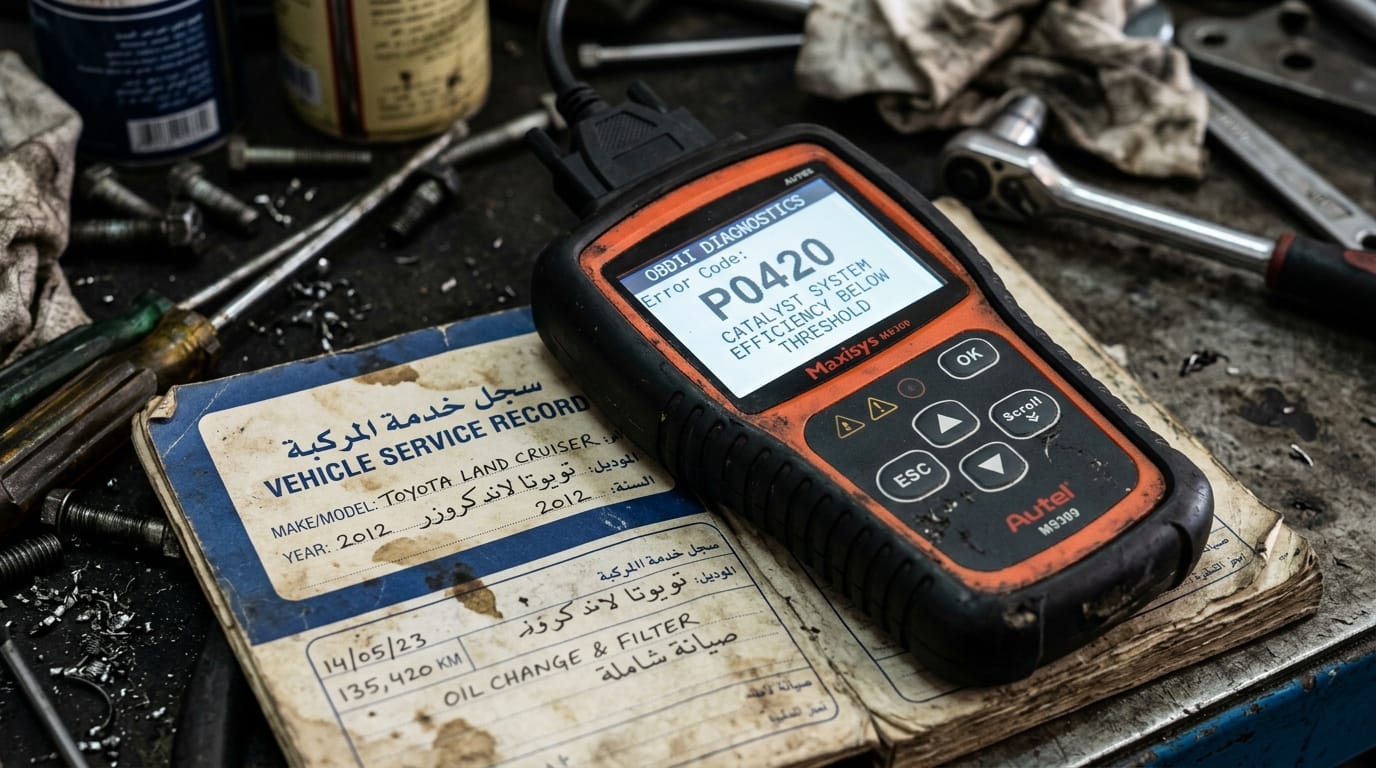 Close-up of a car service record and OBD scanner display showing diagnostic codes in a Dubai workshop