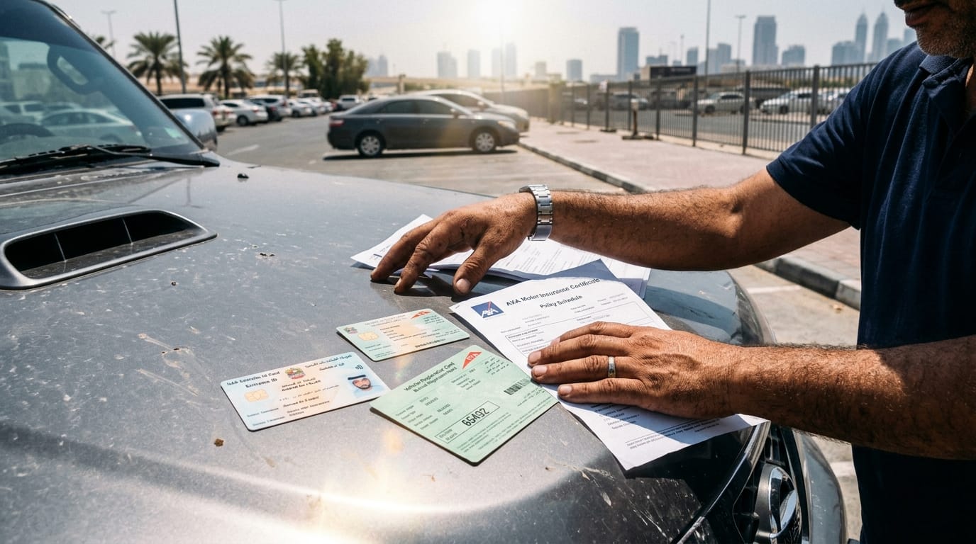 Dubai expat checking car documents Mulkiya Emirates ID before RTA transfer