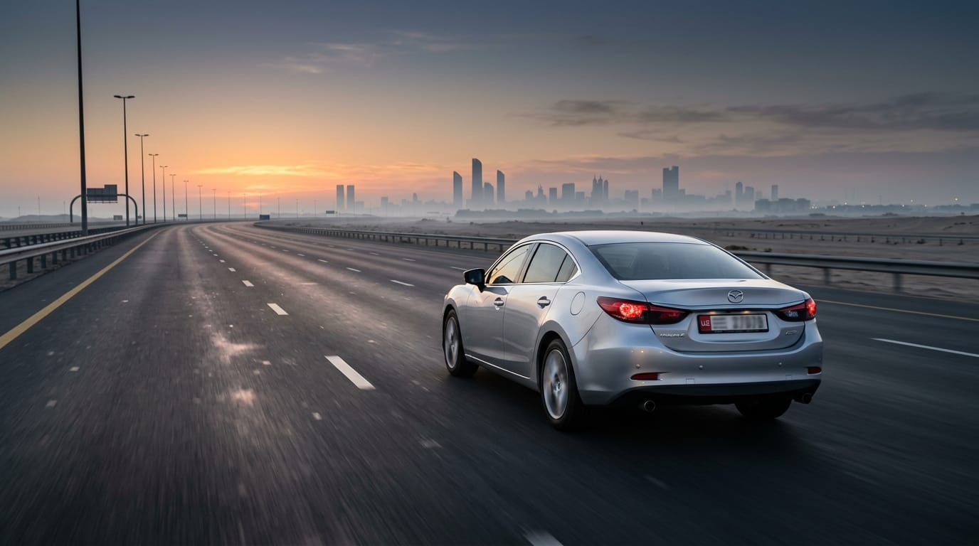 Used silver sedan driving on Sheikh Zayed Road at dawn heading toward Abu Dhabi with light traffic and heat shimmer on tarmac