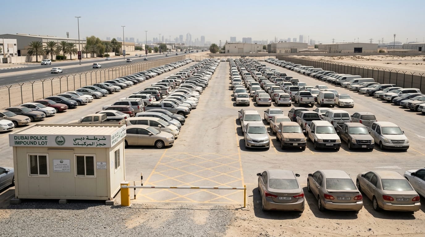 Row of impounded vehicles in a Dubai UAE impound lot including sedans and SUVs parked under harsh sunlight with a security booth visible at the entrance
