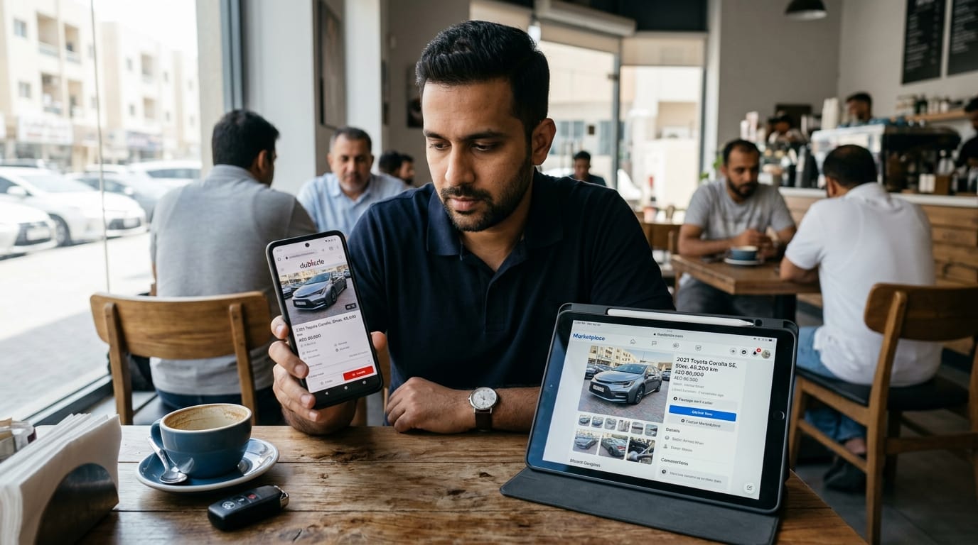 Side-by-side comparison of a Dubizzle car listing and a Facebook Marketplace car listing on a smartphone screen held by a male expat in Dubai