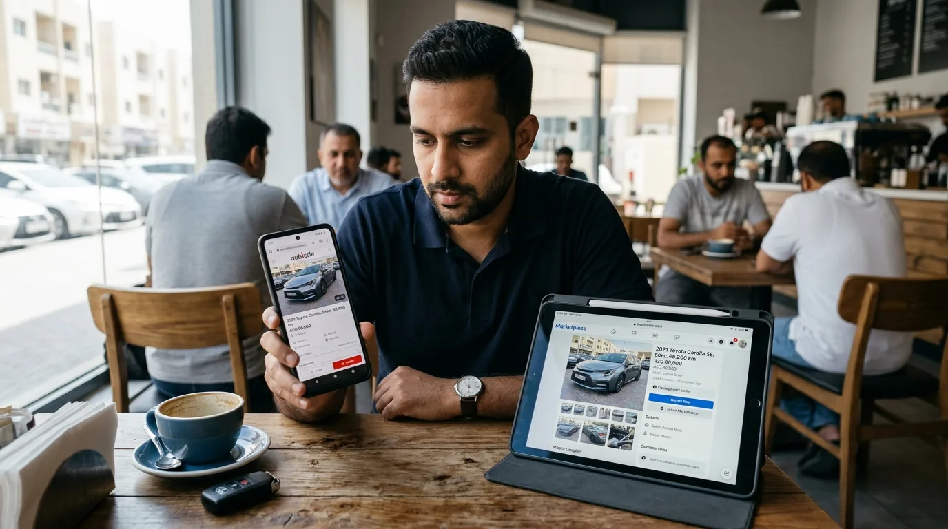 Side-by-side comparison of a Dubizzle car listing and a Facebook Marketplace car listing on a smartphone screen held by a male expat in Dubai