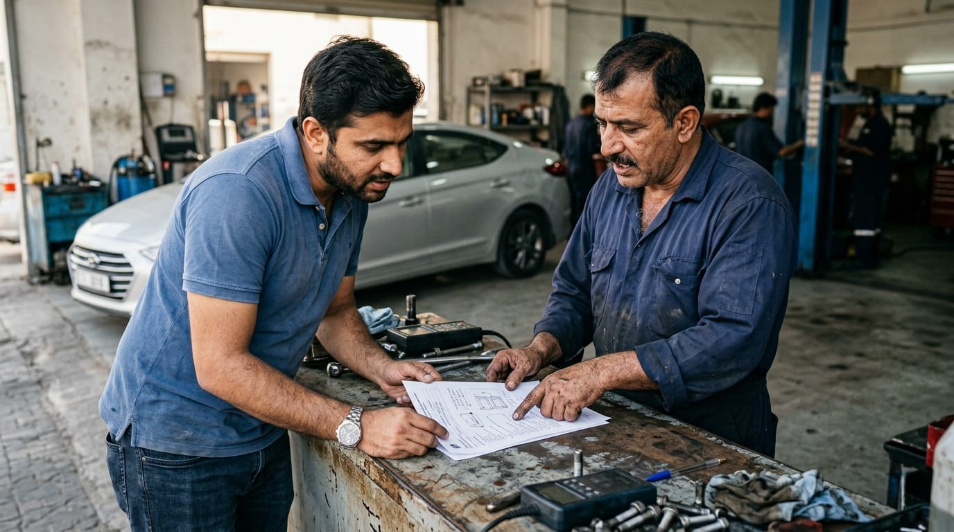Male South Asian expat in casual clothing reviewing a printed pre-purchase inspection report with a mechanic at a workshop counter in Sharjah Industrial Area with a Hyundai Elantra visible in the workshop bay behind them