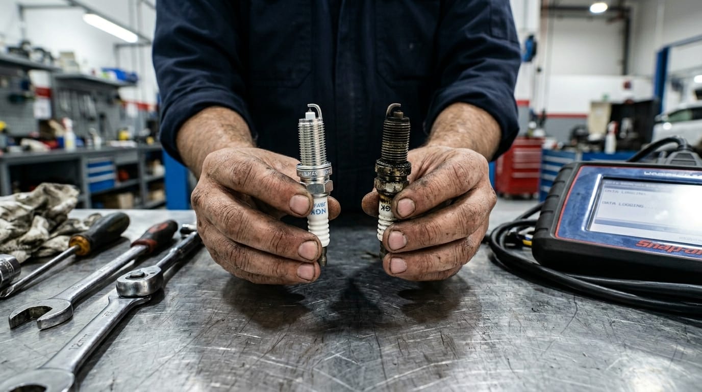 Mechanic hands comparing worn and unworn engine components on work bench