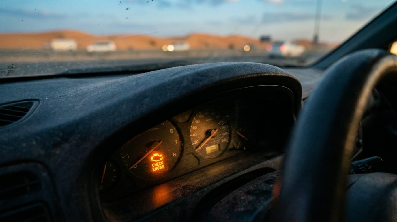 Close-up of an orange engine warning light illuminated on a car dashboard inside a vehicle stopped on a UAE roadside with desert background visible through windshield