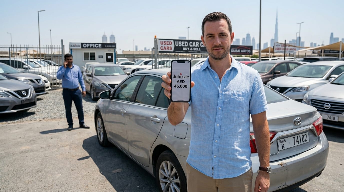 Expat buyer using a smartphone to check Dubizzle car listings while standing next to a used sedan at an outdoor car lot in Dubai UAE with the seller visible in background 