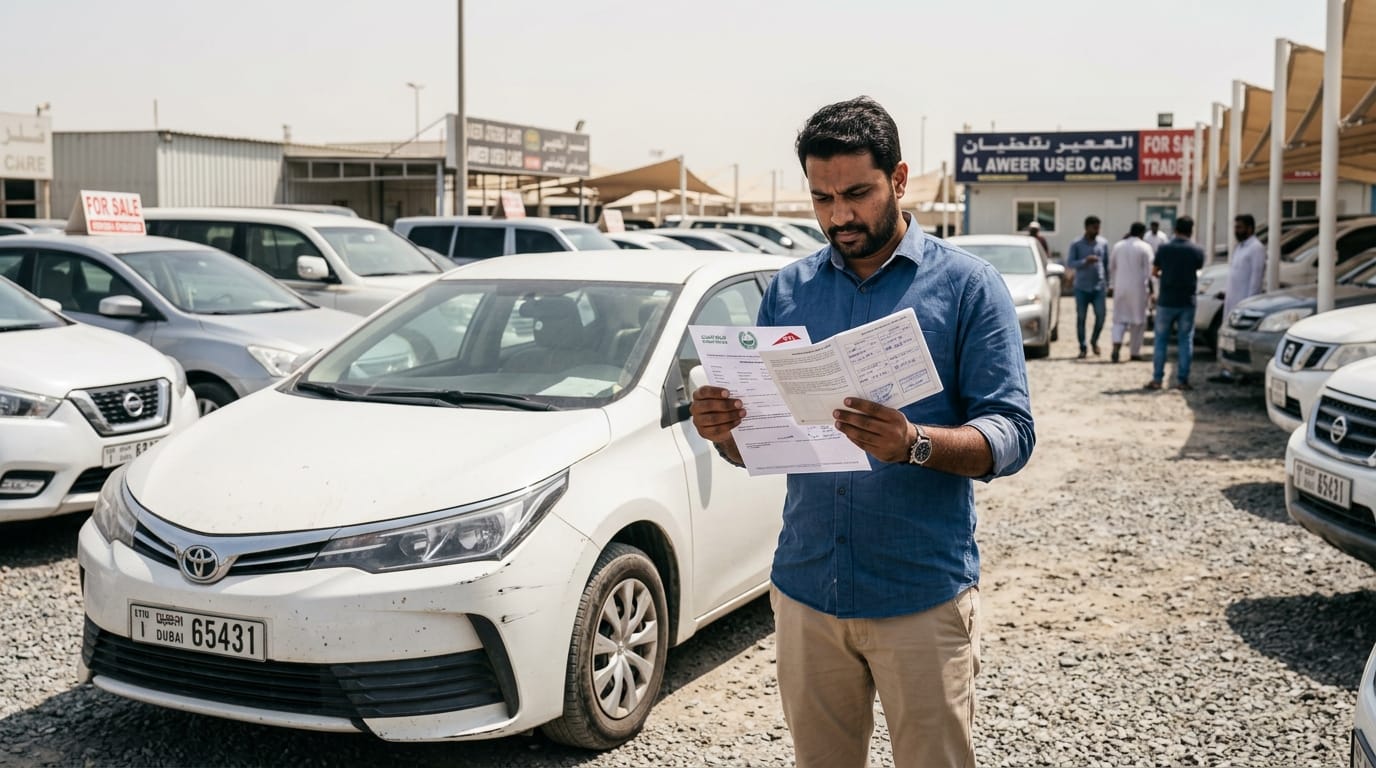  Male expat buyer in his 30s reviewing paperwork and Mulkiya documents at an Al Aweer Dubai used car showroom with a Toyota Corolla visible behind him