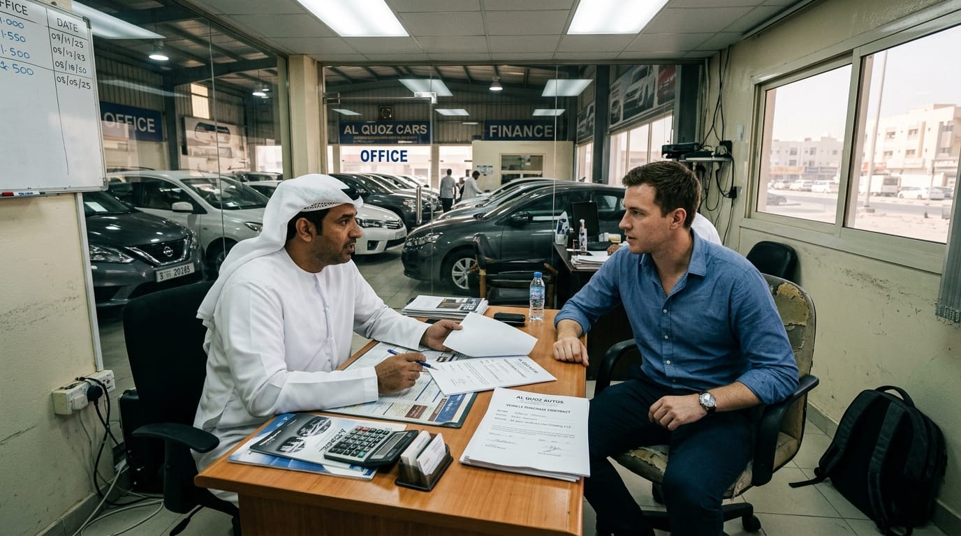 Expat reviewing car installment contract at a used car showroom in Al Quoz Dubai