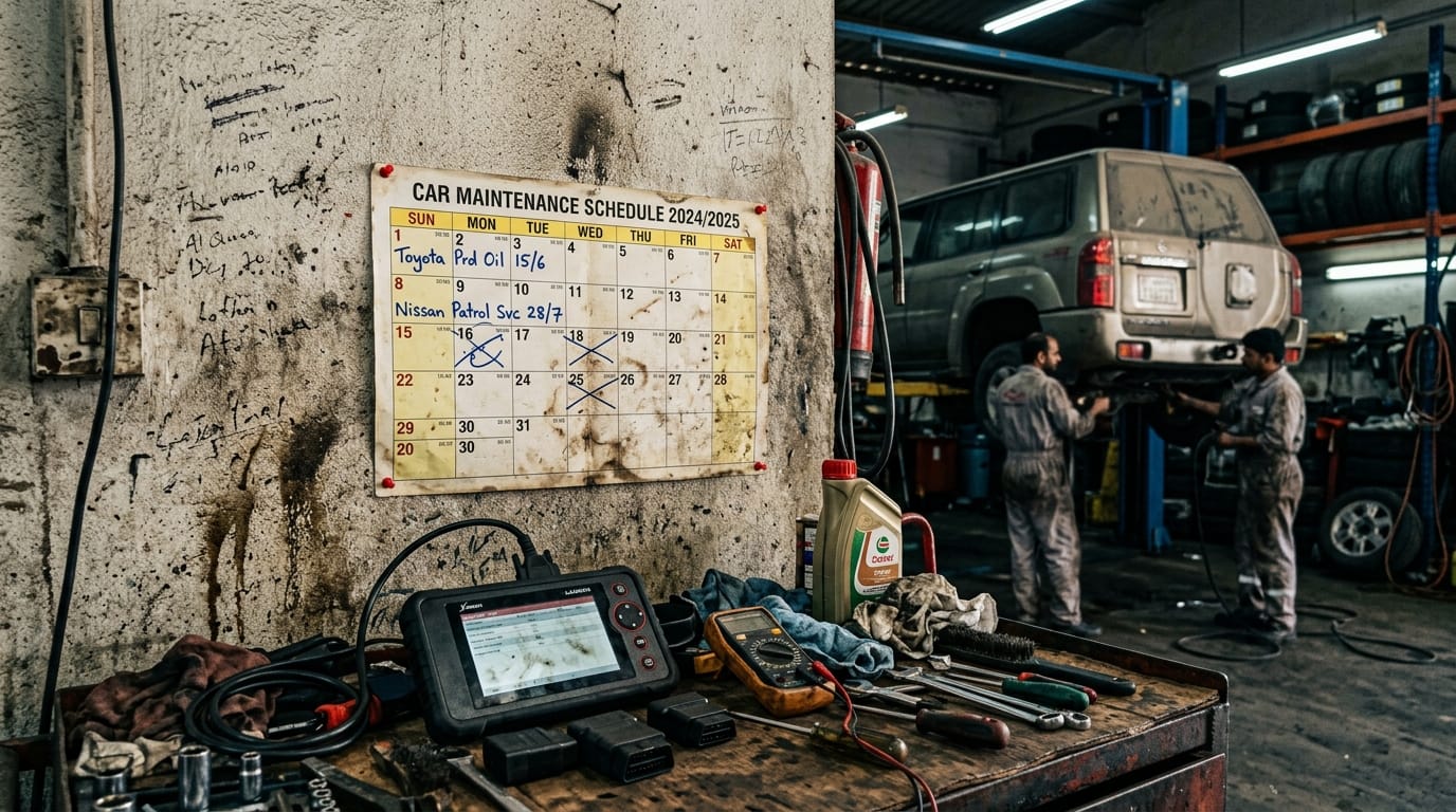 Yearly car maintenance calendar pinned on a garage wall in a Dubai UAE workshop showing monthly service checkpoints with a used Toyota Corolla visible in the background bay