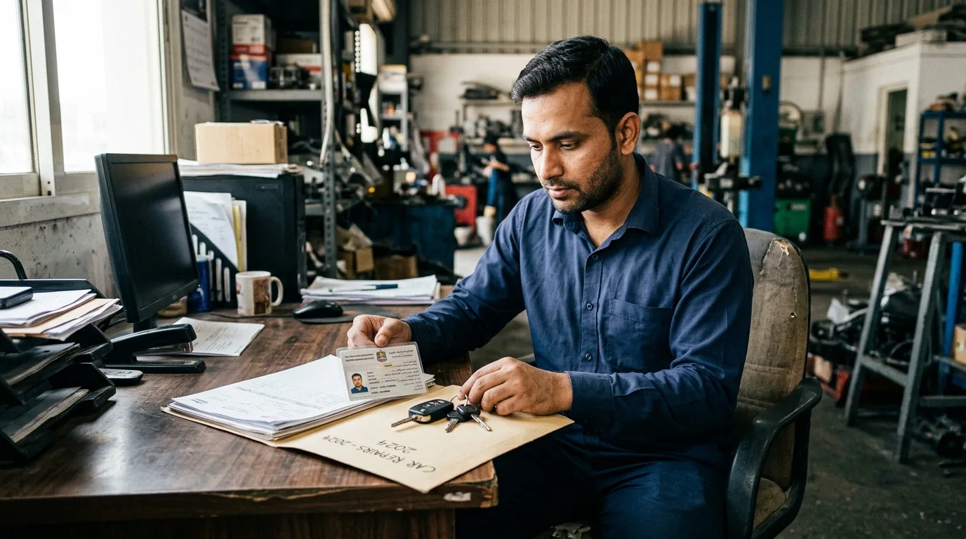 Male expat reviewing car sale documents and laptop at a desk with car keys and UAE Mulkiya registration card visible