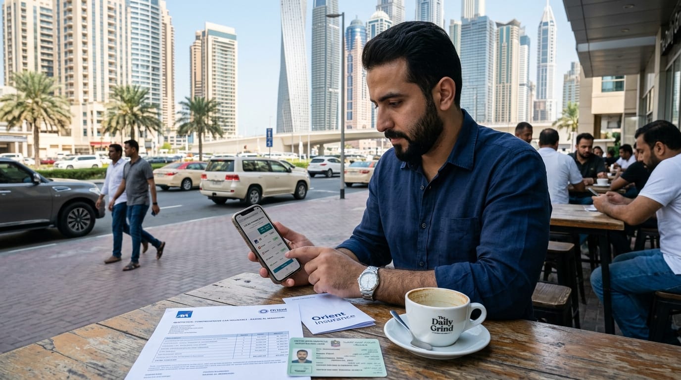 Male Arab or South Asian expat in his 30s seated at an outdoor coffee shop table in Dubai comparing car insurance quotes on a smartphone