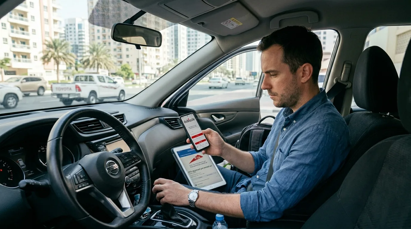 Male expat sitting in a parked car in Dubai reviewing a used car Dubizzle listing on his phone alongside a Facebook Marketplace listing on a tablet comparing prices and specifications