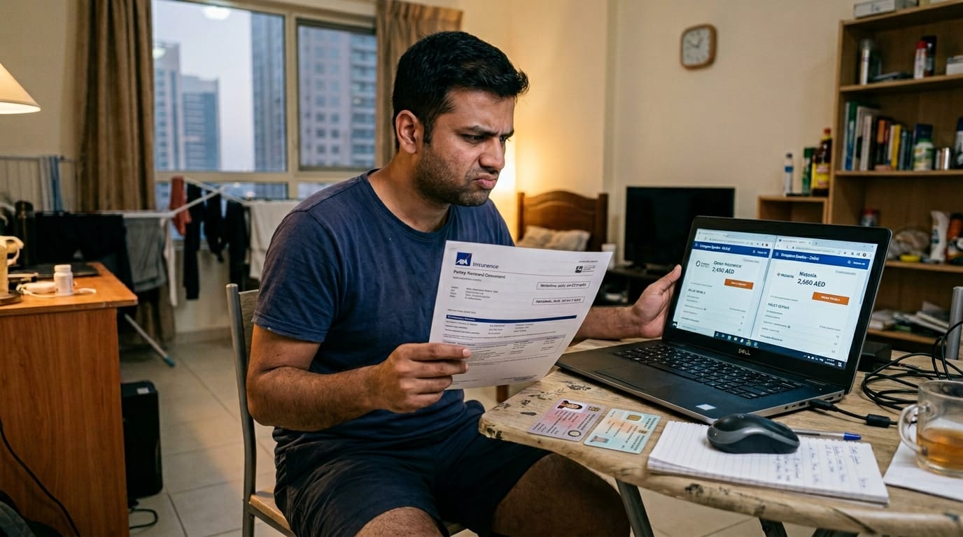 Male expat comparing car insurance quotes on a laptop at a desk in a Dubai apartment with a UAE insurance renewal document and Emirates ID visible on the desk