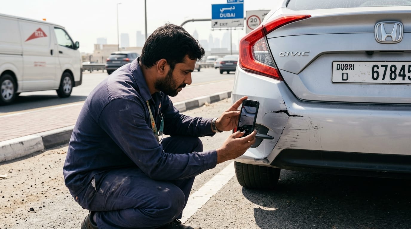 Male expat photographing damage on his vehicle bumper with a smartphone at the scene of a minor road accident in Dubai while another car is visible in the background