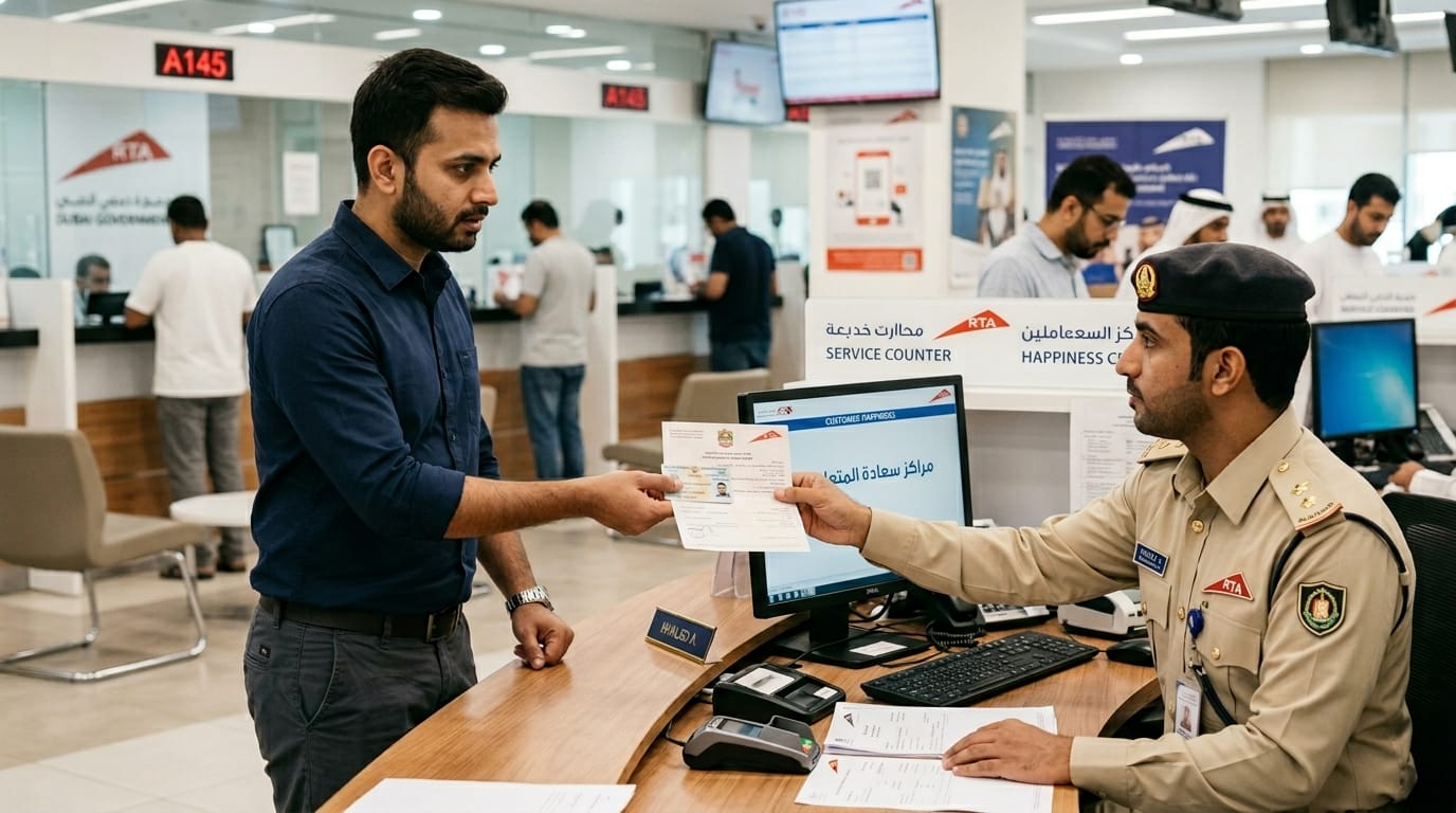 Male expat reviewing impoundment documents and Emirates ID at a UAE traffic court service counter in Dubai with an RTA officer visible across the counter