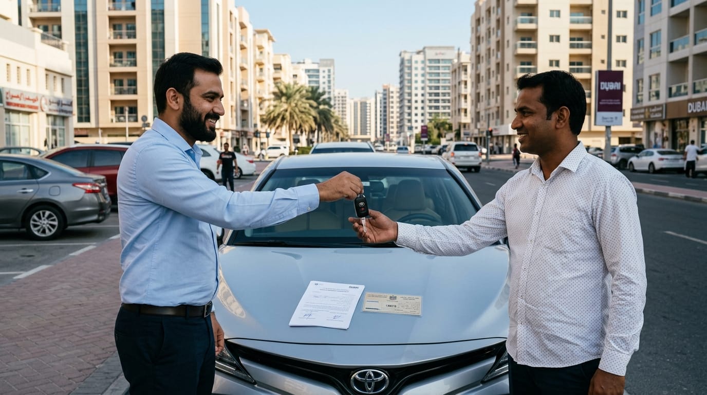 Male expat handing over Toyota Camry keys to a buyer in a Dubai used car handover with signed transfer documents on the car hood and Dubai skyline visible in background