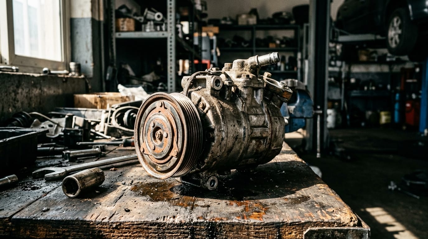 Dusty car AC compressor assembly removed from an engine bay on a wooden workbench